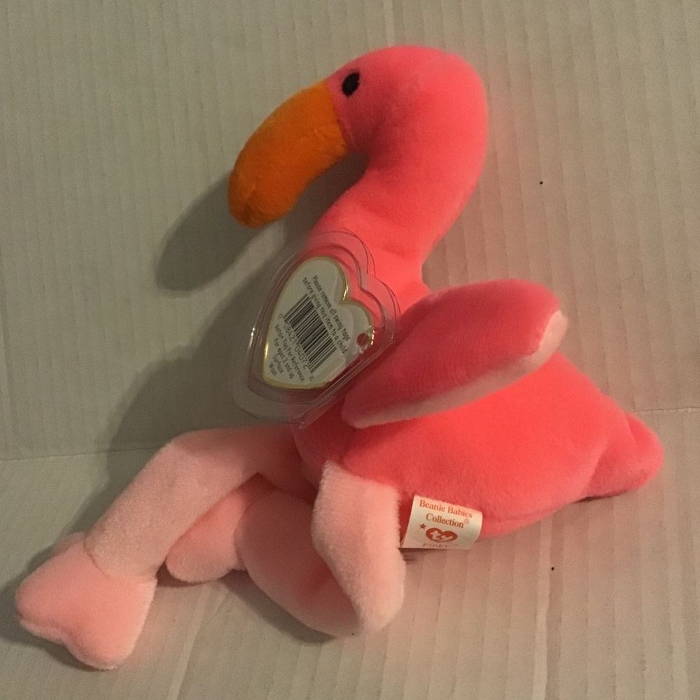 Vintage Beanie Babies Pink Flamingo Bright Pink with a curved orange